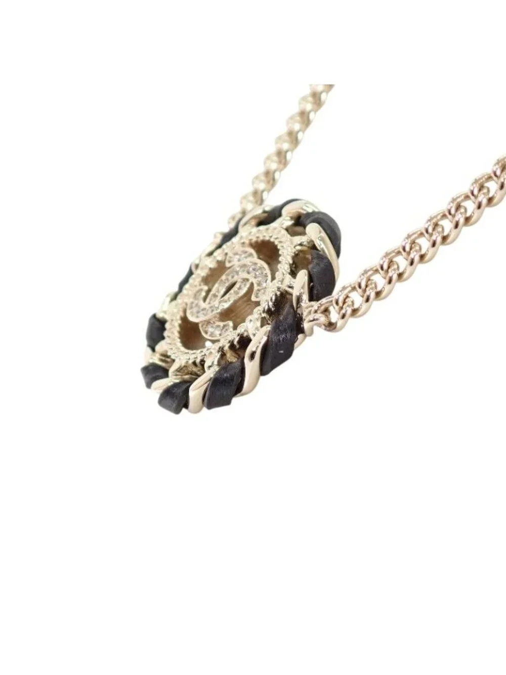 Chanel CC Logo Choker Pendant Metal Leather Strass with Champagne Gold